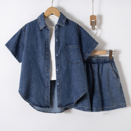 Denim shirt & short set - donkerblauw