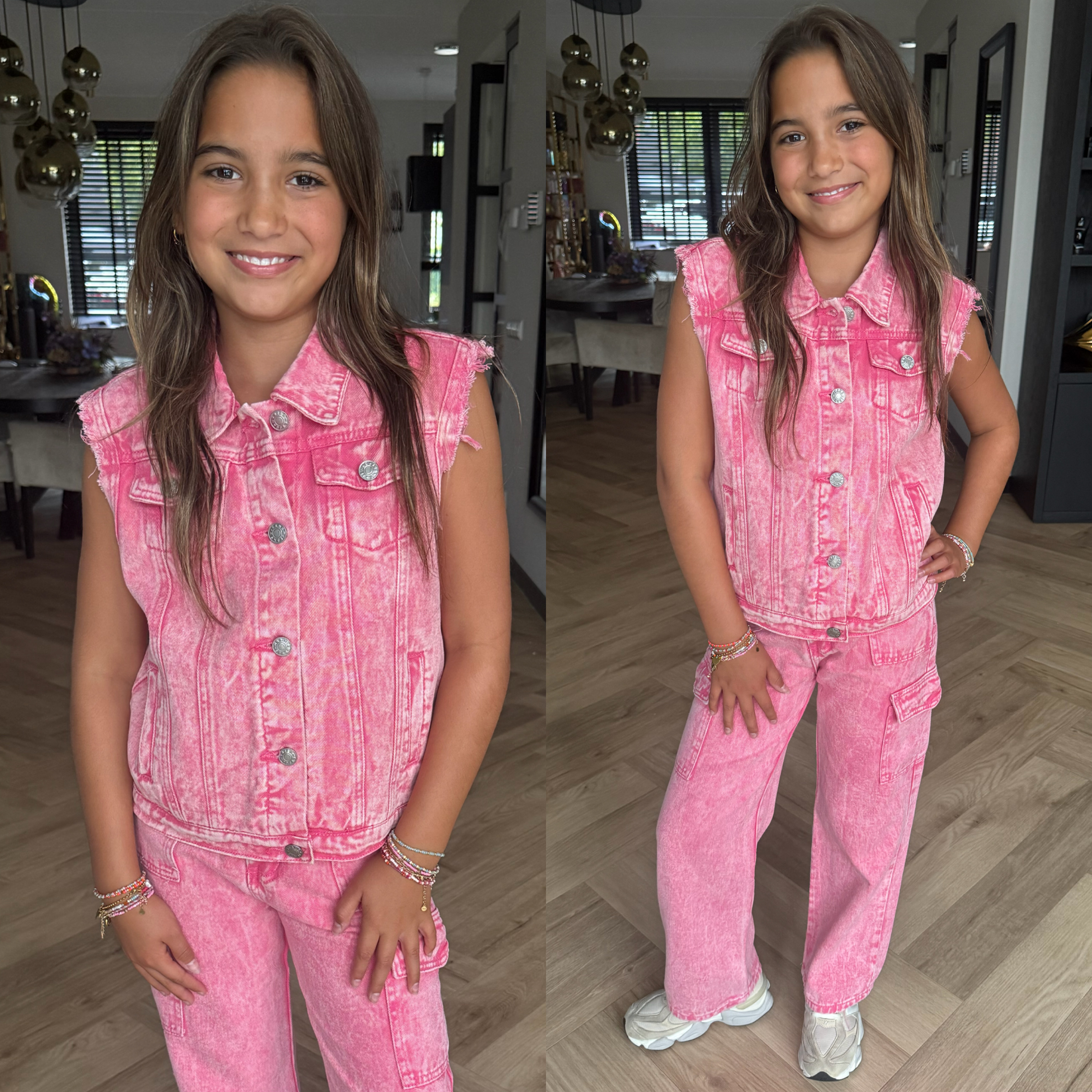 So tough denim gilet set -  roze