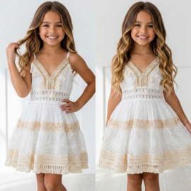 Spaghetti white/gold lace dress