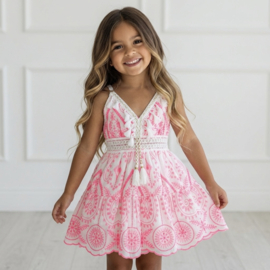 Spaghetti Embroidered Tassel Dress - roze