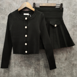 Cardigan & pleated skirt set - zwart