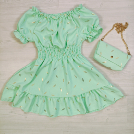 Luxury Leaf Print Summer Dress & bag - mint