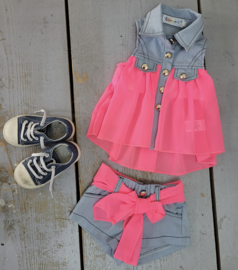 Baby denim & satin set - neon roze