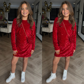 Glitterjurk met tasje - rood
