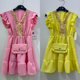 Golden Lace Tiered Dress - roze of geel