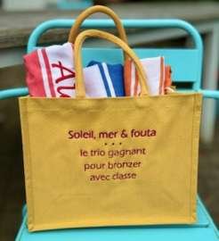 Shopper in dik katoen geborduurd, oker geel
