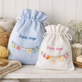 "Petit Linge" geborduurd linnen zakje met trekkoord, wit , large