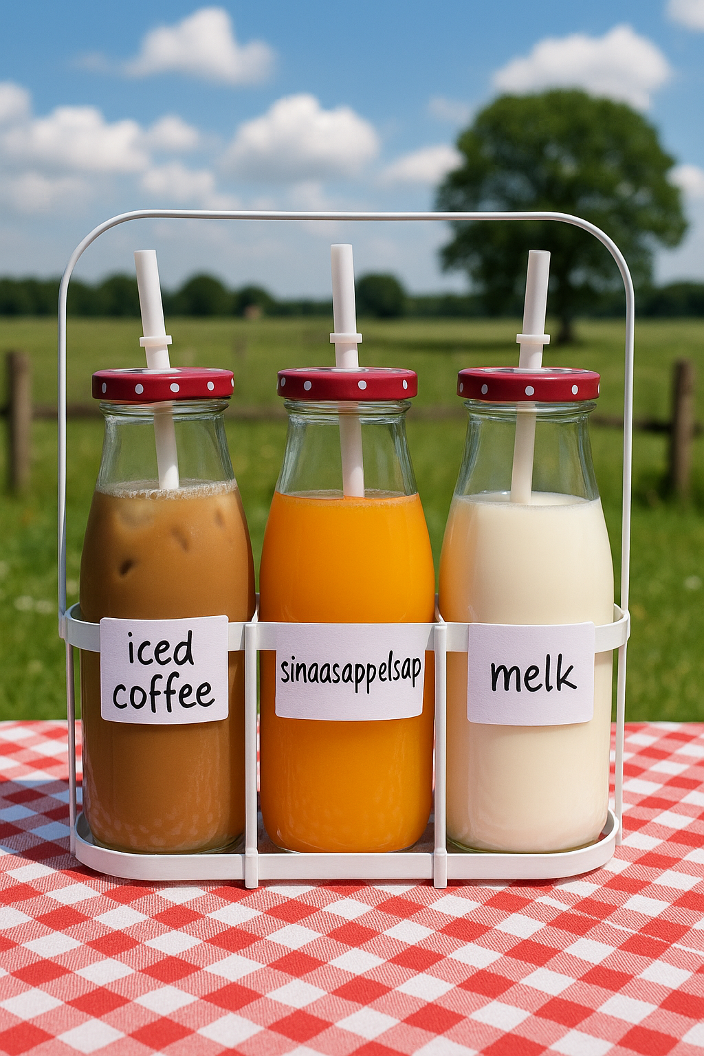 Flessenrek met 3 glazen flessen Ice coffee