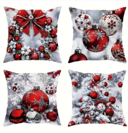 Kerst kussenhoes - set van 4 - Zilver rood