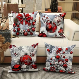 Kerst kussenhoes - set van 4 - Zilver rood