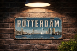 Metalen wandbord Rotterdam – skyline & Erasmusbrug