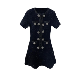 BUTTON TWEED ZWART KORT MOUW JURK By Yessey