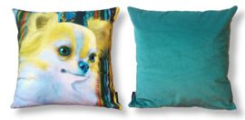 Yellow-aqua velvet cushion cover Dog BLONDIE