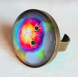 Cabochon ring cat RAINBOW CAT