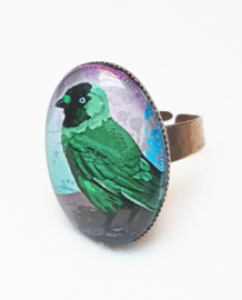 Anillo cabujón pájaro GRAJILLA VERDE