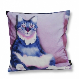 Housse coussin chat velours LILAS OEIL ROSE 