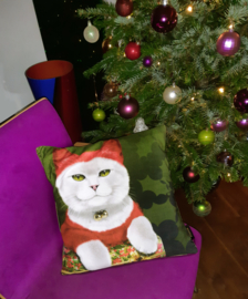 Red white velvet cushion cover Cat SANTA CAT