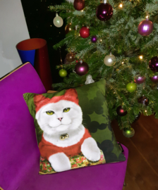 Kussenhoes Rood-wit fluweel  Kat KERSTKAT