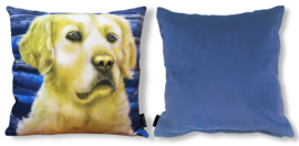 Geel-blauw fluwelen kussenhoes Hond GOUDLOKJE