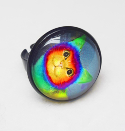 Cabochon ring cat RAINBOW CAT