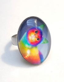 Cabochon ring cat RAINBOW CAT