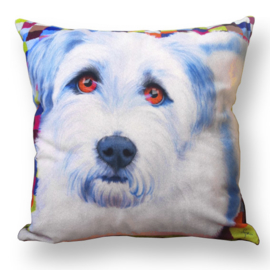 Housse coussin velours Bleue-blanche Chien FRANKIE