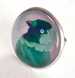 Cabochon ring bird GREEN JACKDAW