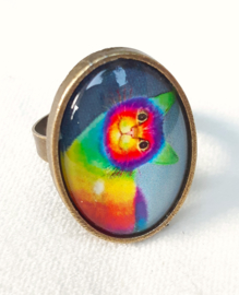 Cabochonring kat RAINBOW CAT