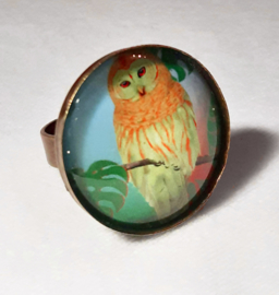 Bague cabochon oiseau HIBOU TROPICAL