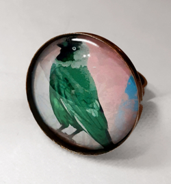 Cabochon ring bird GREEN JACKDAW