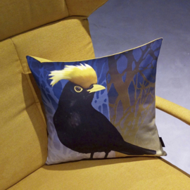 Bird cushion cover cotton or velvet CRESTED BLACKBIRD