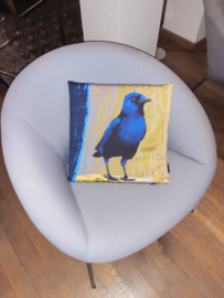 Bird cushion cover cotton or velvet BLUE-BELLIED CROW