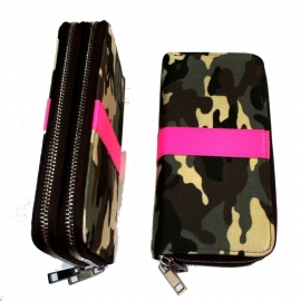 Big Wallet with Zippers - Army Camouflage & Reflective Pink
