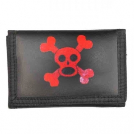 Rock Daddy - Black Trifold Wallet with Chain - Red Monkey Skull with Crossed Bones