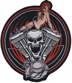 Lethal Threat - BACKPATCH - Pin Up on Skulled Engine (round)
