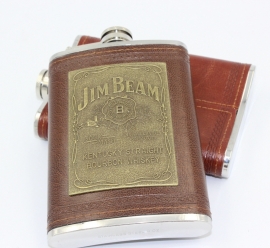 Jim Bean - FLASK - Brown Leather Look with Golden Logo - Stainless Steel - 9 oz / approx. 266ml