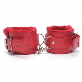 HandCuffs - Faux Fur & Leather - Wrist / Ankle Cuffs - RED