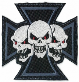 115 - PATCH - BLUE Maltese Cross with 3 Red Eyed Skulls