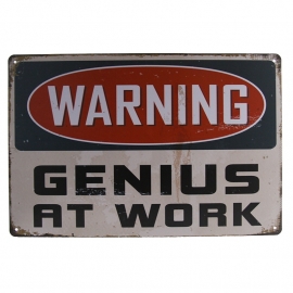 Metal Plate / Tin Sign - Rusty / Vintage Look - WARNING Genius At Work