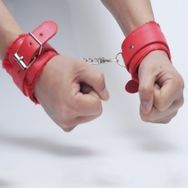HandCuffs - Faux Fur & Leather - Wrist / Ankle Cuffs - RED