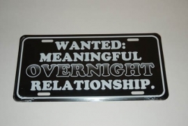 License Metal Plate / Tin Sign - WANTED: Meaningful Overnight Relationship
