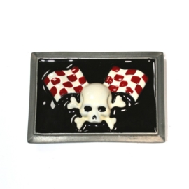 Rock Daddy - BELT BUCKLE - Skull with Racing Flags