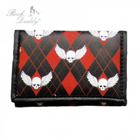 Rock Daddy - Black Trifold Wallet with Chain - Black/Red Wide Diamond Pattern and Winged Skulls