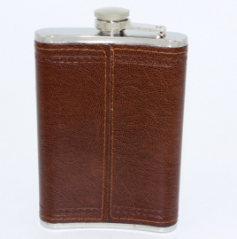 Jim Bean - FLASK - Brown Leather Look with Golden Logo - Stainless Steel - 9 oz / approx. 266ml