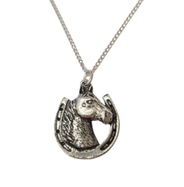 Hanger Hoefijzer Paard Gelukshanger Paardenhoofd + Ketting Zilver 45 cm (Dames) Paardenhanger Geluk