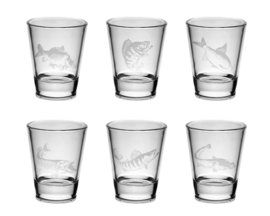 Set 6 x Shotglaasjes Karper + Baars + Brasem + Snoek + Snoekbaars + Meerval Vis Shotglazen Viscadeau