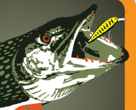 Vissticker Catch Me! Snoek 9 x 8 cm Contour Vis Sticker Vrijstaand Roofvis Vissen Snoeksticker Auto