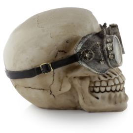 Steampunk schedel met groen koperen mechanische bril