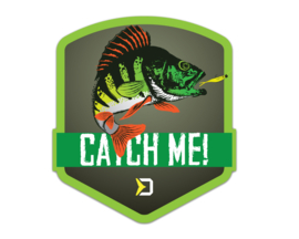 Vissticker Catch Me! Baars 9 x 8 cm Contour Vis Sticker Vrijstaand Roofvis Vissen Baarssticker Auto