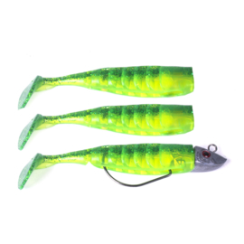 3 x roofvis shads 9 cm tiger green + loodkop 13 gram